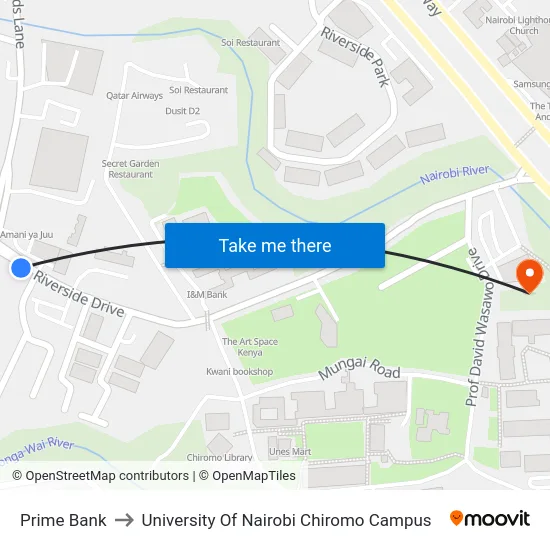 Prime Bank to University Of Nairobi Chiromo Campus map