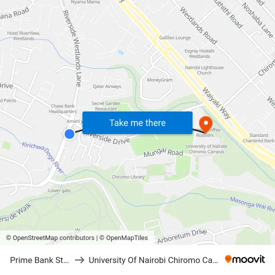 Prime Bank Stage to University Of Nairobi Chiromo Campus map