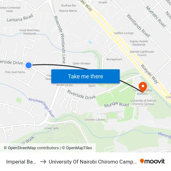 Imperial Bank to University Of Nairobi Chiromo Campus map