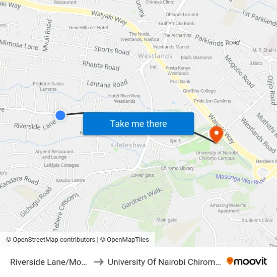 Riverside Lane/Montessori to University Of Nairobi Chiromo Campus map