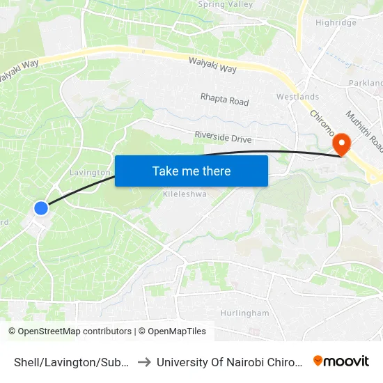Shell/Lavington/Subru Motors to University Of Nairobi Chiromo Campus map