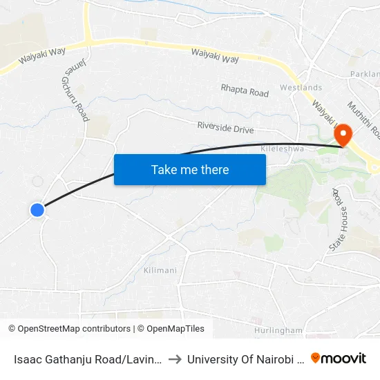 Isaac Gathanju Road/Lavington Shopping Centre to University Of Nairobi Chiromo Campus map