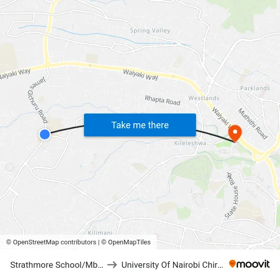 Strathmore School/Mbabane Road to University Of Nairobi Chiromo Campus map