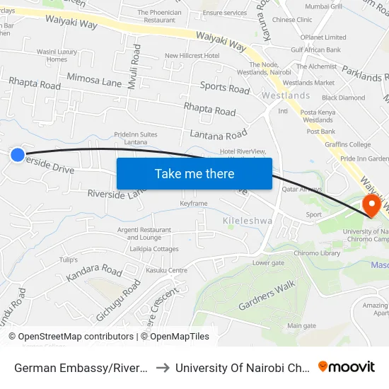 German Embassy/Riverside Paddocks to University Of Nairobi Chiromo Campus map