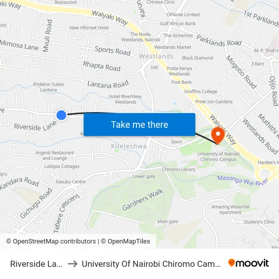 Riverside Lane to University Of Nairobi Chiromo Campus map