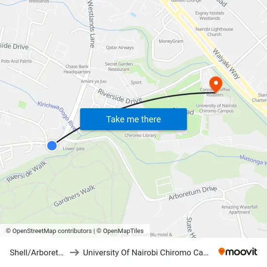 Shell/Arboretum to University Of Nairobi Chiromo Campus map