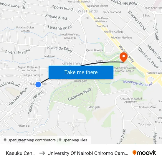 Kasuku Centre to University Of Nairobi Chiromo Campus map