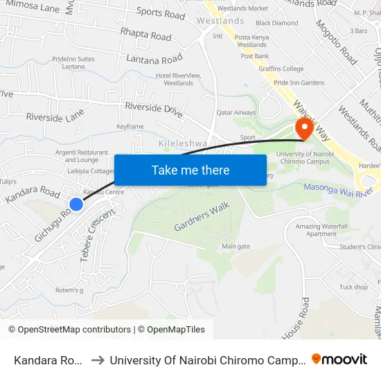 Kandara Road to University Of Nairobi Chiromo Campus map