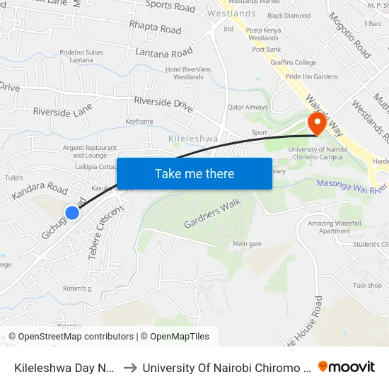 Kileleshwa Day Nursery to University Of Nairobi Chiromo Campus map