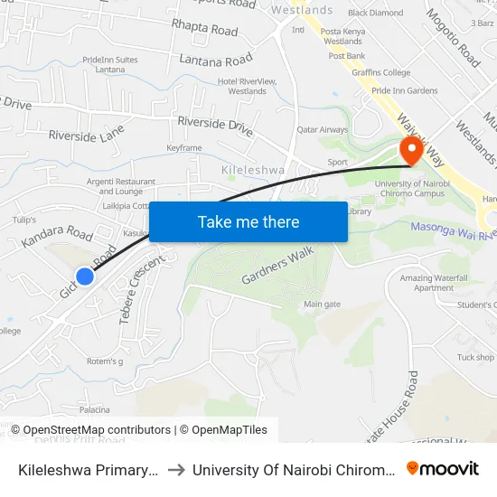 Kileleshwa Primary School to University Of Nairobi Chiromo Campus map