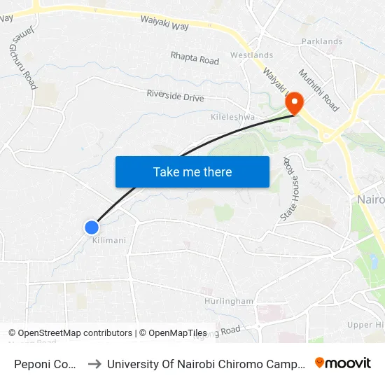 Peponi Court to University Of Nairobi Chiromo Campus map