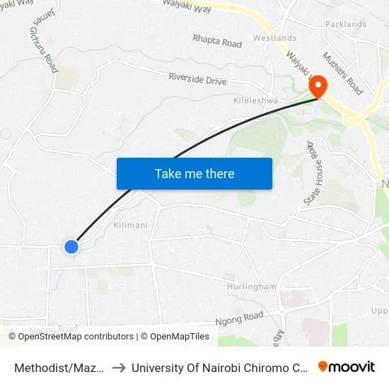 Methodist/Mazeras to University Of Nairobi Chiromo Campus map