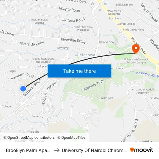 Brooklyn Palm Apartments to University Of Nairobi Chiromo Campus map