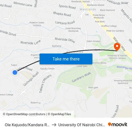 Ole Kejuodo/Kandara Road Junction to University Of Nairobi Chiromo Campus map