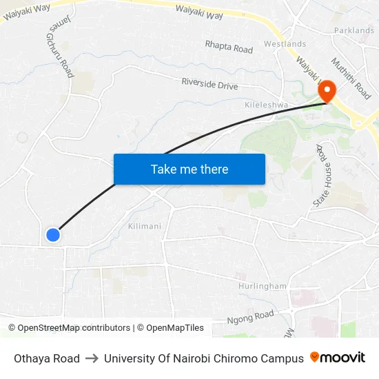 Othaya Road to University Of Nairobi Chiromo Campus map