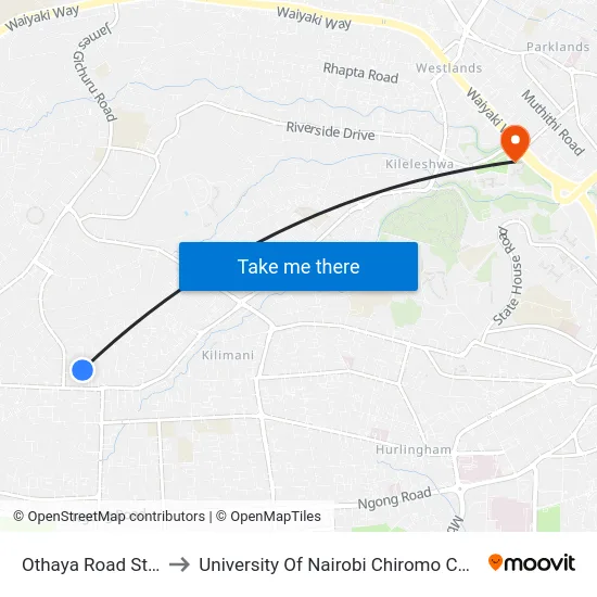 Othaya Road Stage to University Of Nairobi Chiromo Campus map