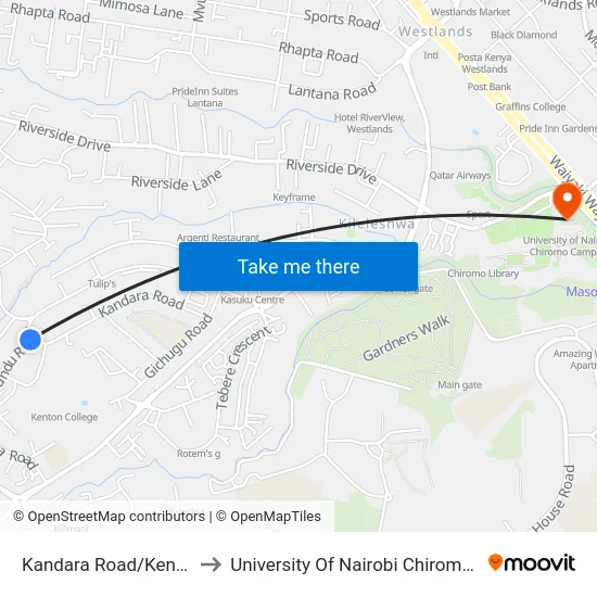 Kandara Road/Kenya High to University Of Nairobi Chiromo Campus map