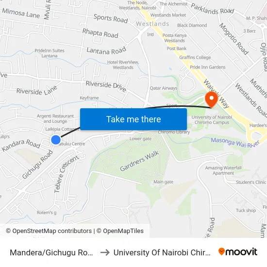Mandera/Gichugu Road Junction to University Of Nairobi Chiromo Campus map