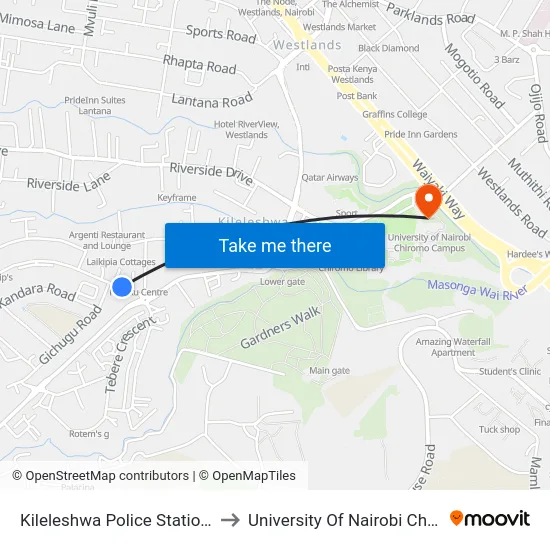 Kileleshwa Police Station/Roundabout to University Of Nairobi Chiromo Campus map