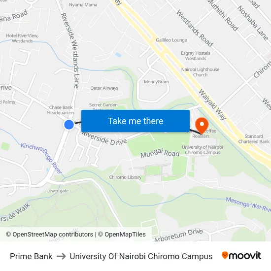 Prime Bank to University Of Nairobi Chiromo Campus map