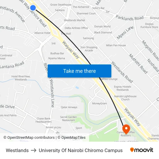 Westlands to University Of Nairobi Chiromo Campus map