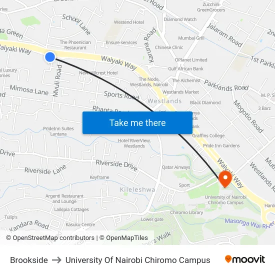 Brookside to University Of Nairobi Chiromo Campus map