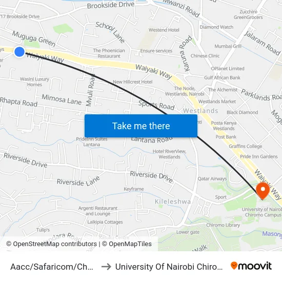 Aacc/Safaricom/Church Road to University Of Nairobi Chiromo Campus map
