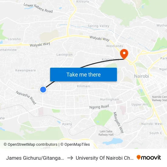 James Gichuru/Gitanga Road Junction to University Of Nairobi Chiromo Campus map