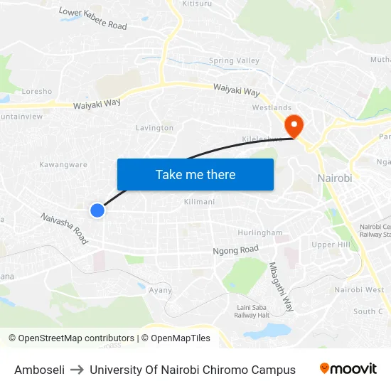 Amboseli to University Of Nairobi Chiromo Campus map