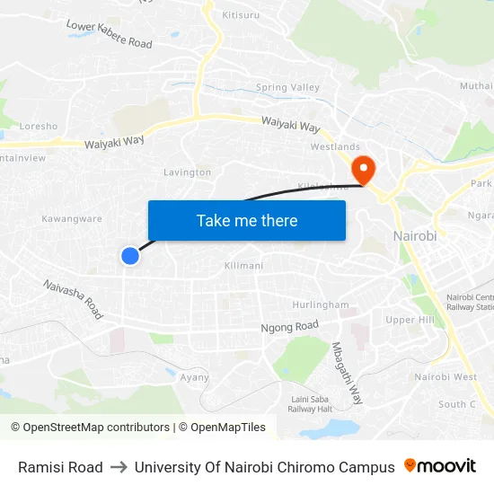 Ramisi Road to University Of Nairobi Chiromo Campus map