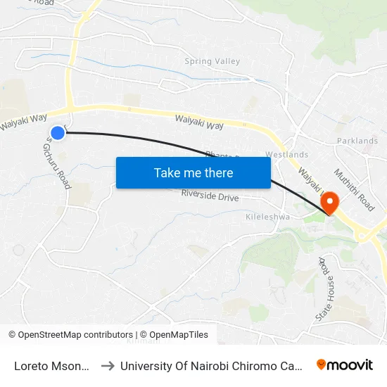 Loreto Msongari to University Of Nairobi Chiromo Campus map