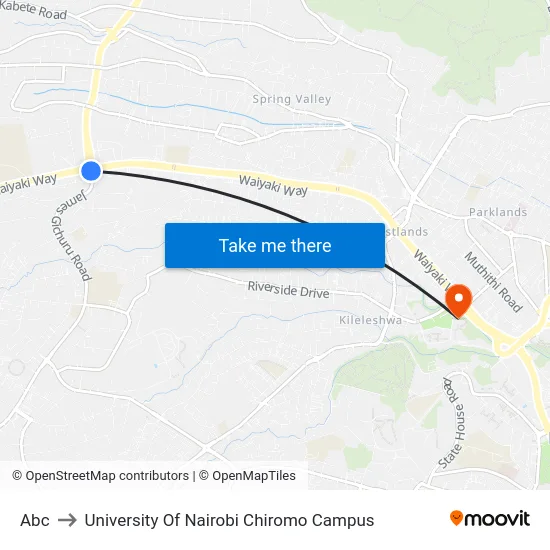 Abc to University Of Nairobi Chiromo Campus map