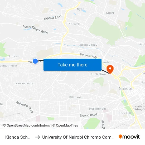 Kianda School to University Of Nairobi Chiromo Campus map