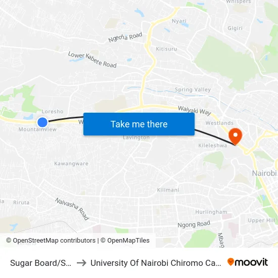 Sugar Board/Shell to University Of Nairobi Chiromo Campus map