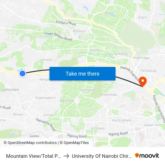 Mountain View/Total Petrol Station to University Of Nairobi Chiromo Campus map