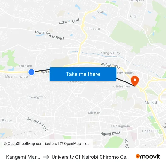 Kangemi Market to University Of Nairobi Chiromo Campus map