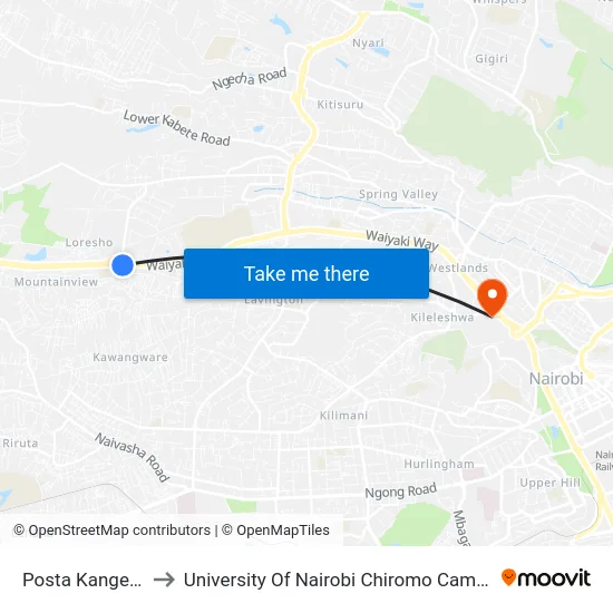 Posta Kangemi to University Of Nairobi Chiromo Campus map