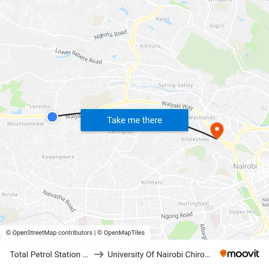 Total Petrol Station Kangemi to University Of Nairobi Chiromo Campus map