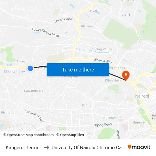 Kangemi Terminus to University Of Nairobi Chiromo Campus map