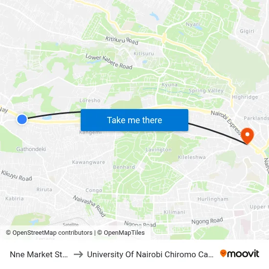 Nne Market Stage to University Of Nairobi Chiromo Campus map