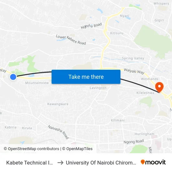 Kabete Technical Institute to University Of Nairobi Chiromo Campus map