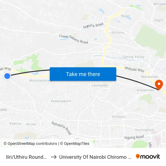 Ilri/Uthiru Roundabout to University Of Nairobi Chiromo Campus map