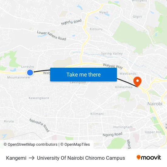 Kangemi to University Of Nairobi Chiromo Campus map