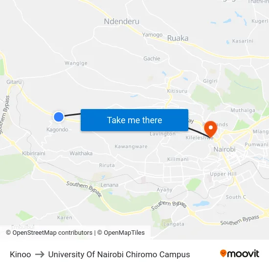 Kinoo to University Of Nairobi Chiromo Campus map