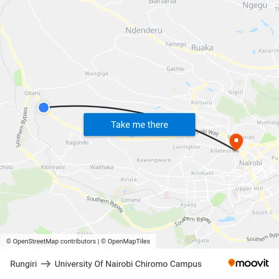 Rungiri to University Of Nairobi Chiromo Campus map