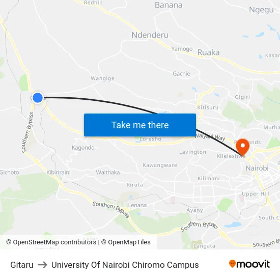 Gitaru to University Of Nairobi Chiromo Campus map
