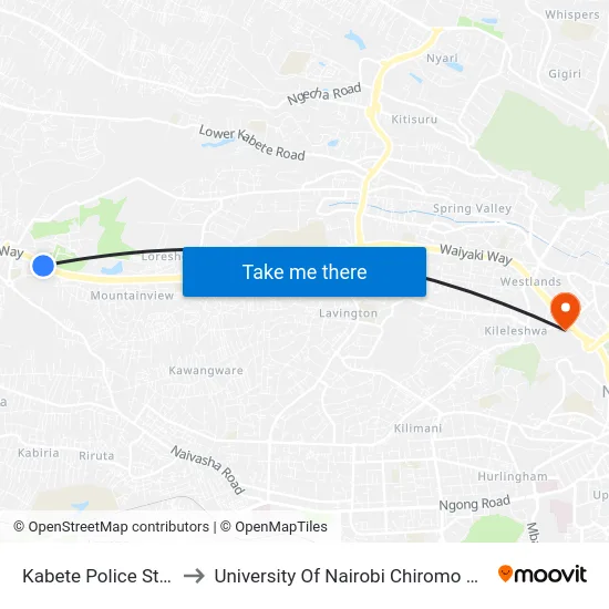 Kabete Police Station to University Of Nairobi Chiromo Campus map