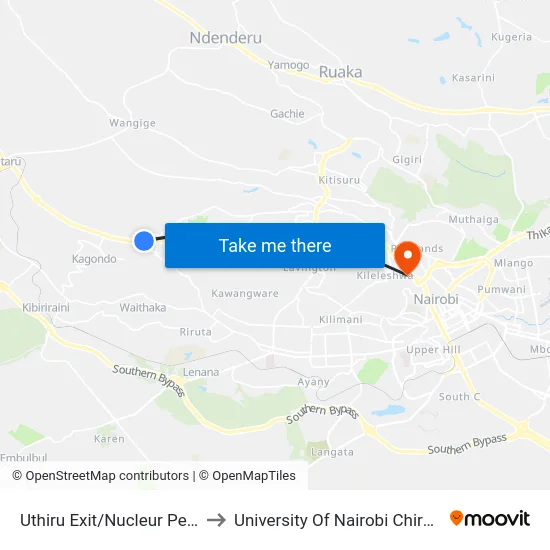 Uthiru Exit/Nucleur Petrol Station to University Of Nairobi Chiromo Campus map