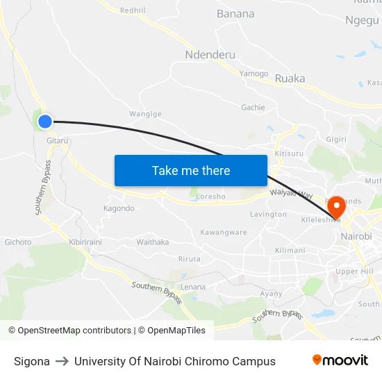 Sigona to University Of Nairobi Chiromo Campus map