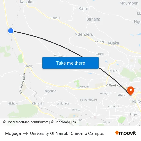 Muguga to University Of Nairobi Chiromo Campus map